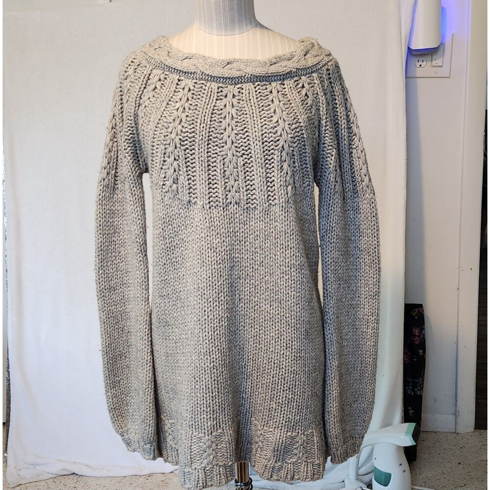 Vintage Old Navy Wool Blend Sweater Dress Womens S-M Gray Chunky Cable Knit